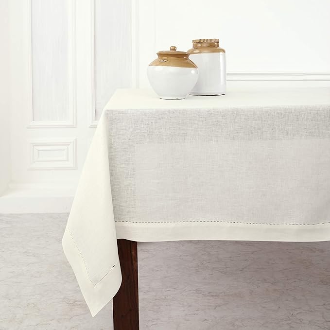 Solino Home Linen Tablecloth 60 x 120 Inch - Classic Hemstitch 100% Pure Linen Ivory Table Cloth for Rectangle Tables - Machine Washable Tablecloth for Spring, Easter