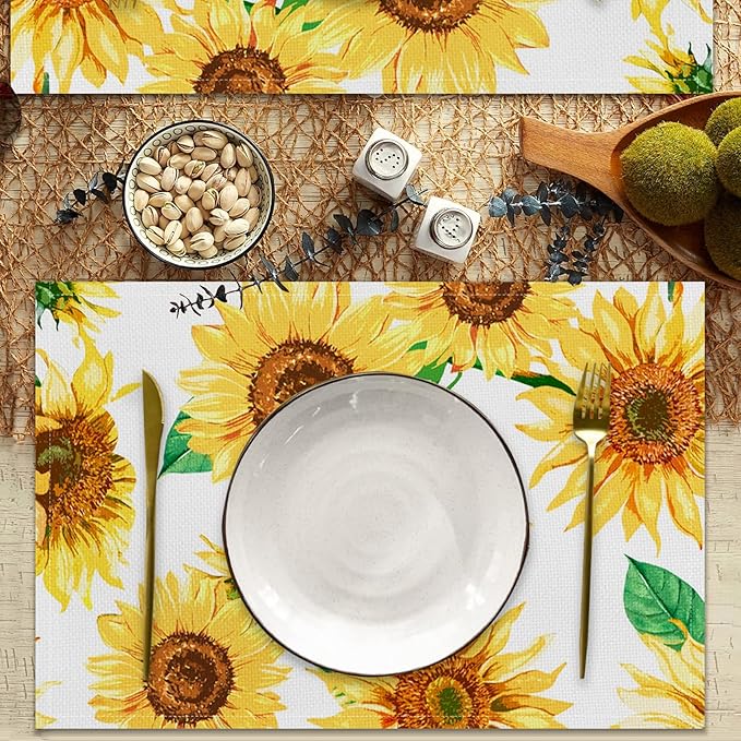 AOFOTO Sunflower Placemats Set of 4 Yellow Flowers Leaves Printed Place Mats Rectangular Artistic Table Mats for Party Home Kitchen Restaurant Dining Table Decor 12x18 Inch