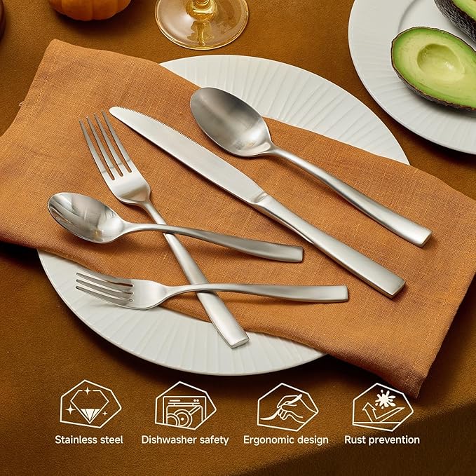 KINGSTONE 20-Piece Silverware Set for 4, Matte Stainless Steel Flatware Set with Forks, Knives, Spoons, Dishwasher Safe, Rust Resistant Cutlery for Home & Wedding