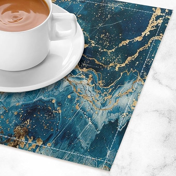 Marble Linen Placemats Set of 4 Modern Abstract Foil Stone Texture Royal Blue Gold Marble Washable Place Mats, Non Slip Placemat for Home Party Dining Tables Wedding Kitchen Banquets Decor 12x17 Inch