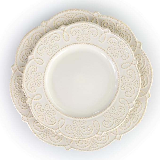 Elama Round Decorated Stoneware Scallop Embossed Dinnerware Dish Set, 16 Piece - Image 6