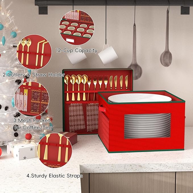 VERONLY China Storage Containers 2-Pack for Christmas and Holiday Dishes, Hard Shell Stackable Box with Felt Dividers, Holds 24 Fine Dinner Plates,Red