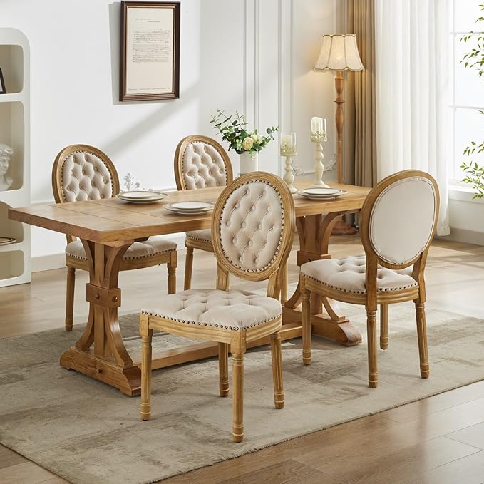 Vintage French Dining Chairs Set of 2, Round Back Velvet Upholstered Accent Chairs with Nailhead Trim and Solid Wood Frame, Elegant Sillas de Comedor for Dining Room & Kitchen, Beige