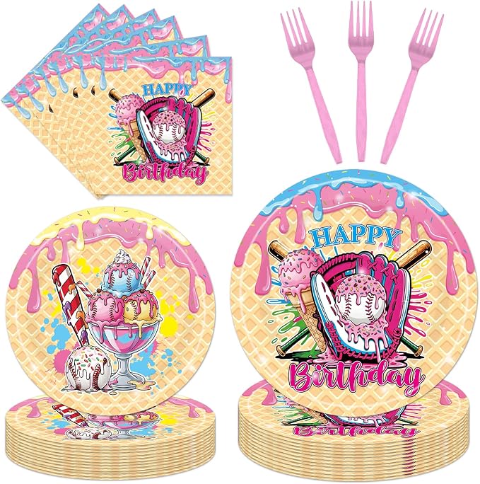 EUOYUFO 96Pcs Ice Cream Party Decorations Tableware Set Ice Cream Baseball Drip by EUOYUFO