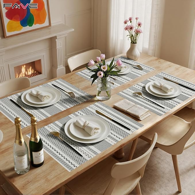 FAVE Boho Vinyl Placemats Set of 6, Durable Woven Place Mats Washable Heat Resistant PVC Table Mats for Parties,Weddings, Dining,Banquet(Gray, 6PCS)