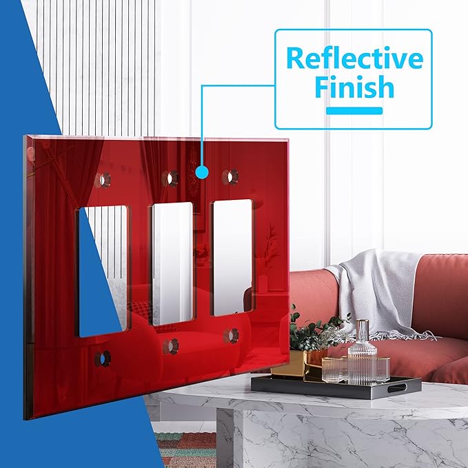 LIDER Reflective Acrylic Decorator Wall Plate, Mirrored Light Switch Plate, Plexiglass Outlet Cover, Acrylic Glass, Oversized 3-Gang 5.25" x 7.06", LWP-33O-ARD, Red