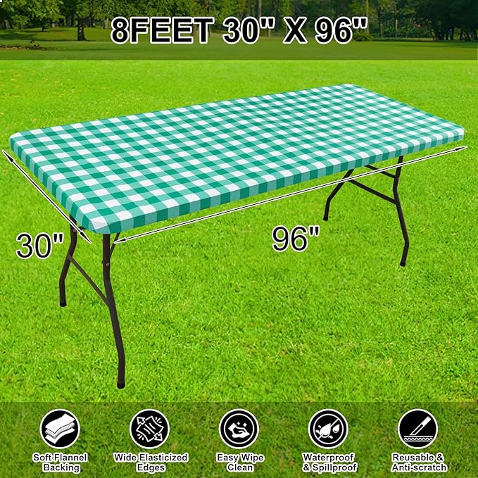 Smiry Rectangle Picnic Table Cloth, Elastic Waterproof Fitted Vinyl Tablecloths, Flannel Backed Buffalo Plaid Table Covers for Dining, Camping, Outdoor (White and Green, 30" x 96")