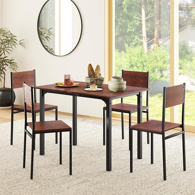 COSTWAY Dining Table Set for 4, Rectangular Kitchen Table and Chairs Set with Backrest, Metal Frame, Space-Saving Dinette Set, Breakfast Nook Table Set for Small Space, Apartment, Dorm (Walnut)