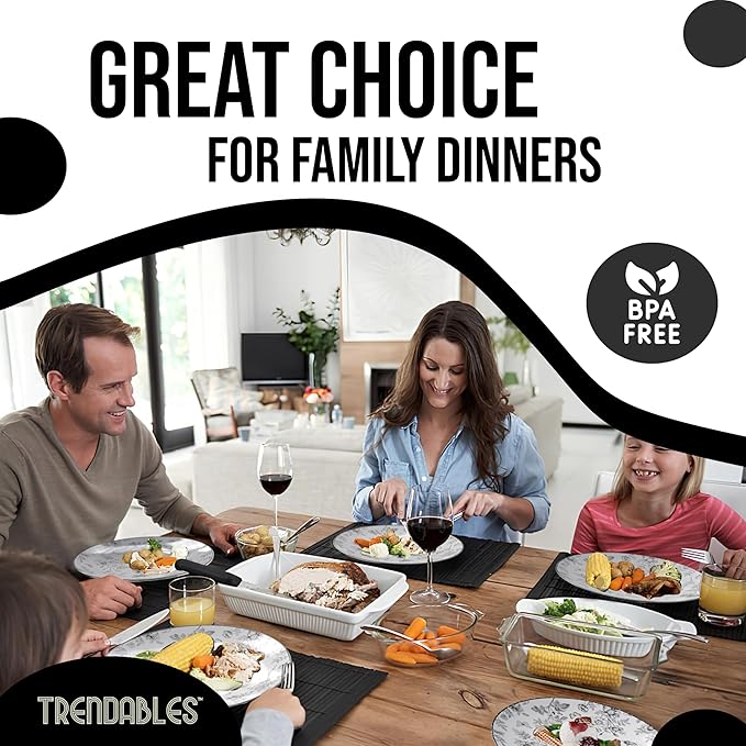 Trendables Disposable Plates For Party Supplies | Black Floral Plastic Plates For Wedding 200 Pcs - 100 X 8 & 100 X 10 Dinner Plate Sets | Floral Plate Set Disposable Plastic Dinnerware Sets