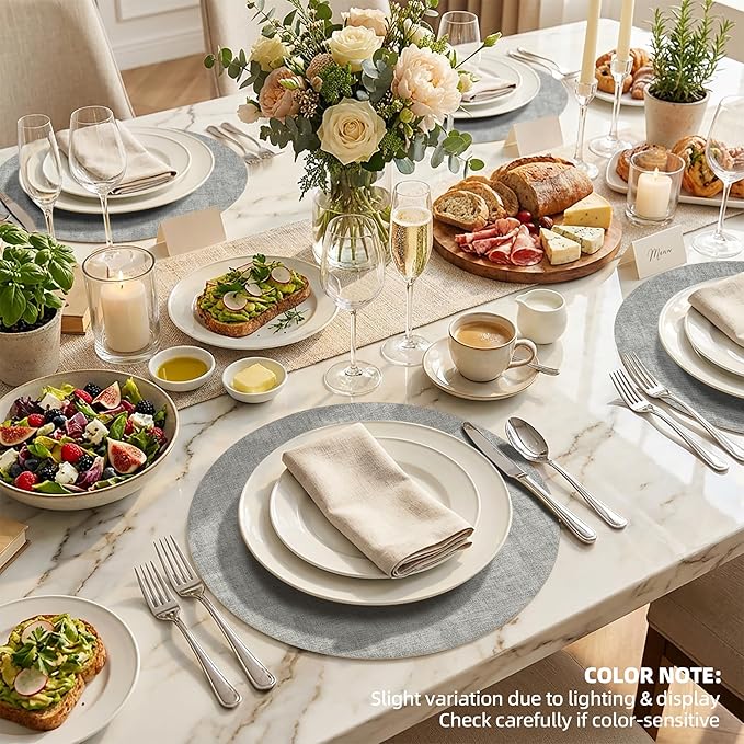 15 inch Faux Leather Round Placemats Set of 4 Non-Slip Washable Wipeable Table Mats, Heat Resistant Waterproof Oilproof Place Mats for Kitchen, Dining, Party, Indoor, Outdoor Beige