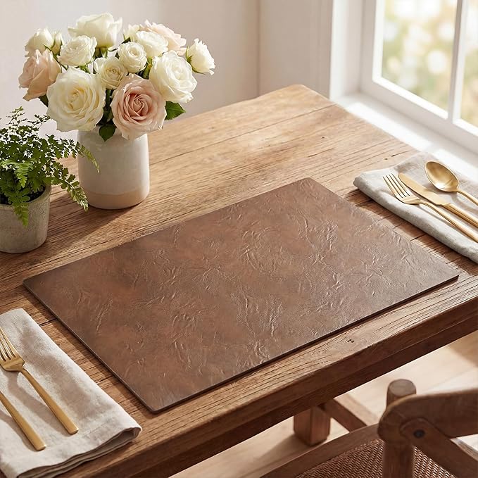 Artoid Mode Brown Faux Leather Placemats Set of 4, 12x18 Inch Waterproof Wipeable Heat Resistant Vinyl Place Mats, Reversible Table Mats for Kitchen Dining Decor