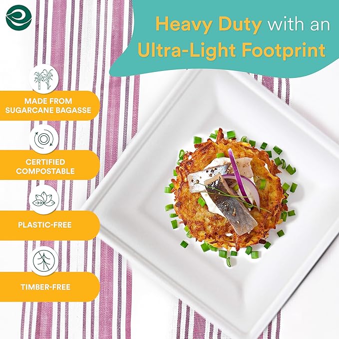 ECO SOUL Compostable Square Paper Plates 6 Inch (100 Count) Small Plates for Dessert, Heavy Duty, Eco-Friendly Sugarcane Bagasse For Appetizer- White