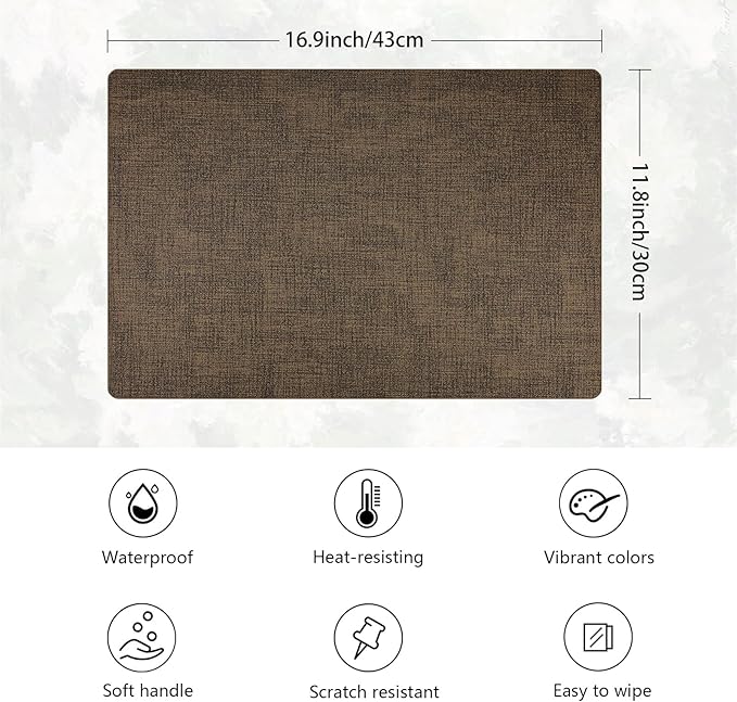 Placemats Set of 6 Faux Leather Heat Resistant Tables Mats Waterproof Oilproof Wipeable Reversible Anti-Slip Place Mats for Kitchen/Dining/Party/Outdoor 11.8" x 16.9", Brown
