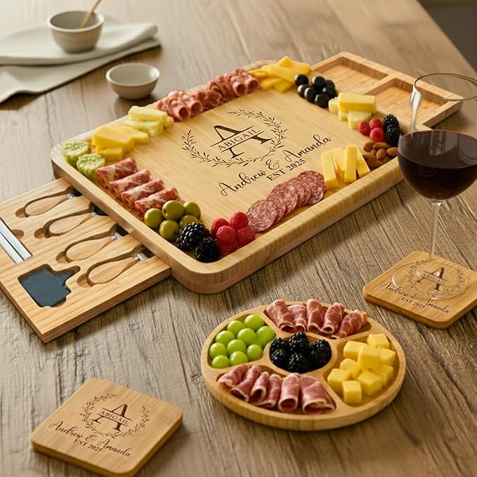 Personalized Bamboo Charcuterie Board Set with Fruit Tray - Housewarming, New Home, Gift for Couples, Wedding, Anniversary, Birthday, Bridal Shower, Women, Men, Valentines Day Gifts for Her, Him