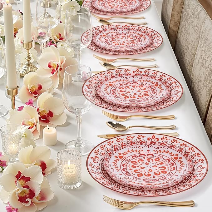 Hioasis 60pcs Red Plastic Plates Set - Floral Red & White Porcelain Design, 10.25" Dinner & 7.5" Dessert Plates Disposable for Christmas (Dishwasher Safe, Traditional Style)