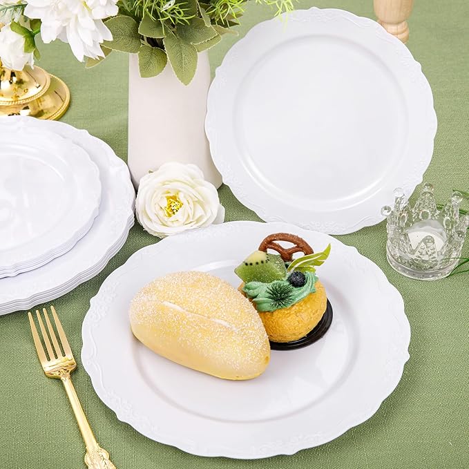 DaYammi 150Pcs White Plastic Plates & Gold Plastic Silverware, White Disposable Plates for Party Include 30 Dinner Platos,30 Dessert Platos,30 Golden Knives,30 Gold Forks,30 Spoons for Wedding Party