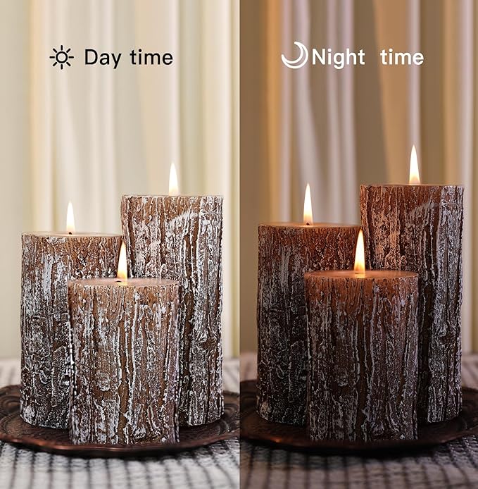 Classic Pine Tree Bark Texture Pillar Candles Set - Real Wax 3 Sizes (4", 5", 6" Tall) Rustic Decor Fireplace Candles, Unscented Woodland Style Pillar Candle for Home, Dining Table, Holiday Decor