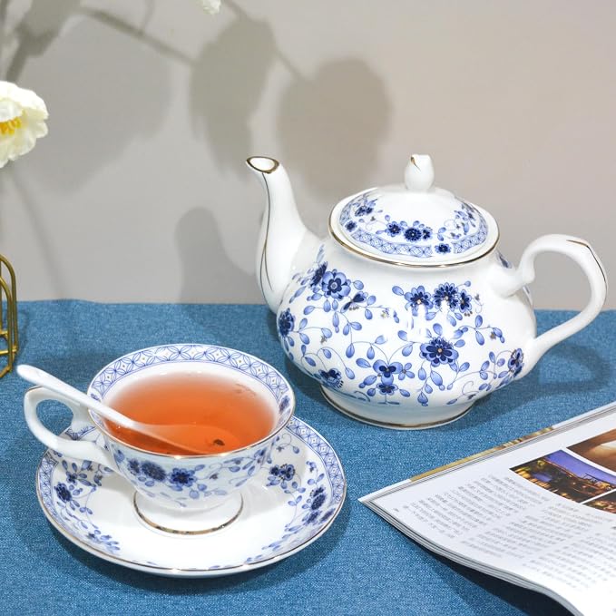 Bone China Tea Set, 21-Pieces Porcelain Tea Set - Image 5