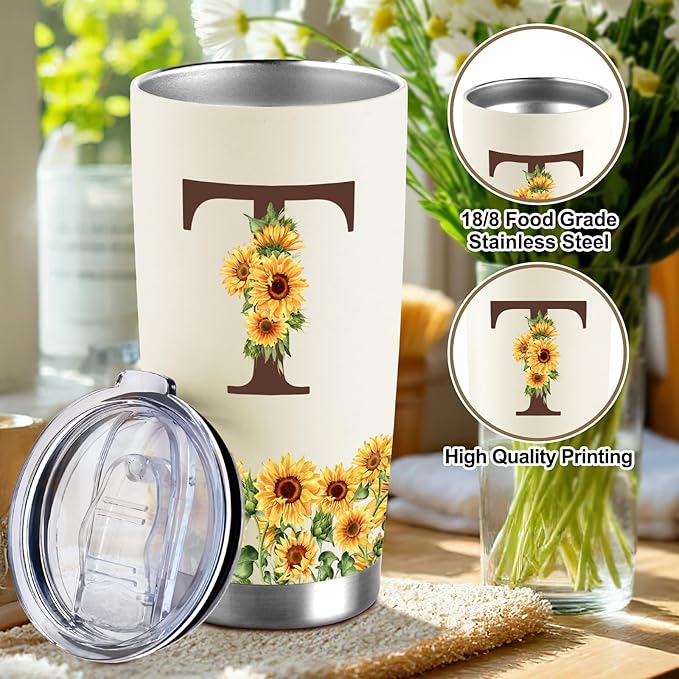 Sunflower Gifts for Women - Personalized Christmas Gifts for Women - Birthday Gift for Woman - Mothers Day Gift for Mom - Monogrammed, Initial 20oz Travel Cup Insulated Tumbler with Lid, T