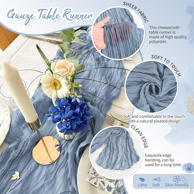 Showgeous 18 Pack Dusty Blue Cheesecloth Table Runner, 17 x 108 Inches | Boho - Image 3