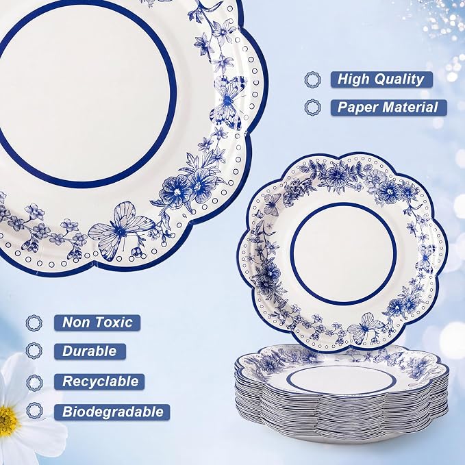 FillTouch 100 Sets Blue Floral Paper Tea Cups and Saucers Disposable Paper Tea - Image 5
