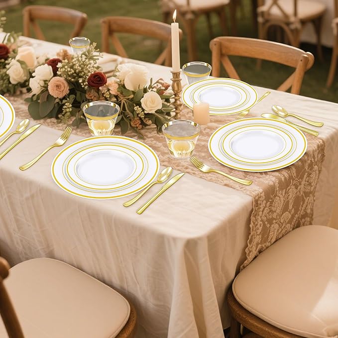 Zcaukya 100PCS Gold Plastic Plates, Disposable Plastic Dishes with Gold Rim in Bulk, 50 Pcs Each 10.25 Inch and 7.5 Inch for Dinner, Birthday and Wedding