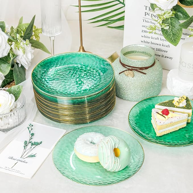 Rubtlamp 60 Pcs Green Gold Plastic Plates, Hammered Plastic Salad Plates, Green Disposable Plates With Gold Rim,7 Inch Disposable Dessert Platos, Disposable Dessert Appetizer Platos for Party