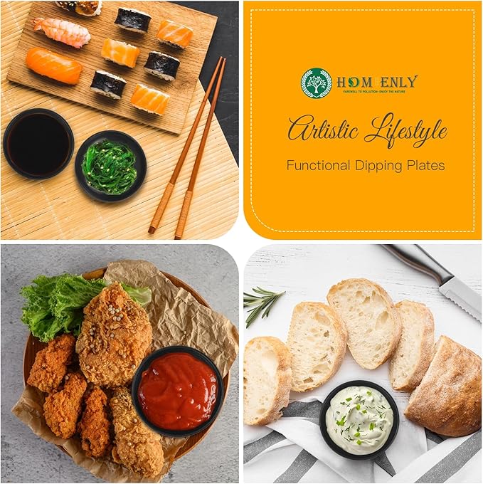 Plastic Dipping Plate Set of 8 - 4 inch Wheat Straw Plates,Soy Sauce Dish,Dipping Bowls,Small Serving Bowls for Side Dishes, Mini Appetizer Plates for Side Dishes,Condiment,BBQ and Party Dinner-Black