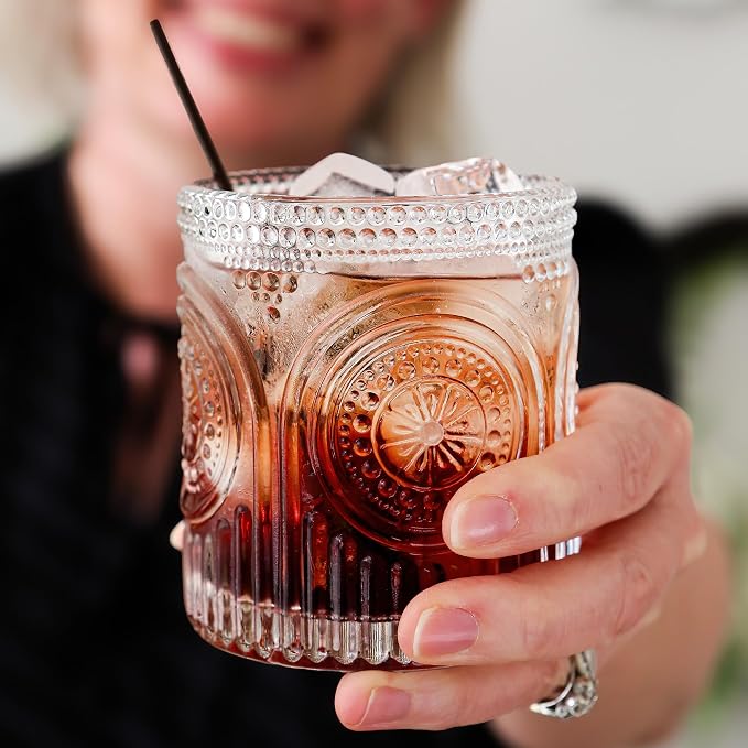 Ribbed Retro Arch Floral Clear Drinking Glasses Set of 6, Vintage Glassware Set - Image 4