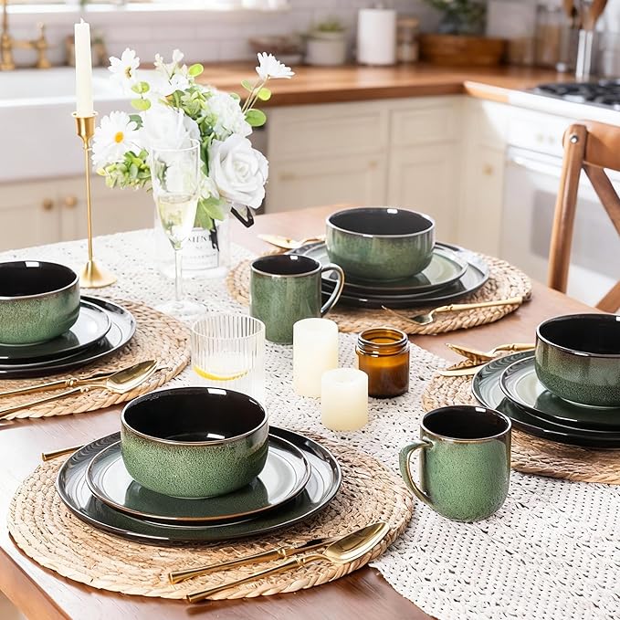 LERATIO Ceramic Dinnerware Set for 4, Poreclain Plates, Bowls, Handmade Reactive Glaze Dishes, Chip Resistant, Oven & Dishwasher Safe, Service for 4