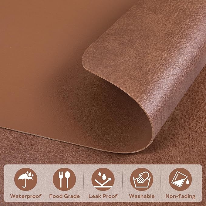 AAPLKER Faux Leather Placemats Set of 6, Vinyl Placemats Wipeable Waterproof Oil-Proof Table Mats, Heat Resistant Place Mats, Table Mats for Kitchen Indoor Outdoor, 15.8 x 11.8 inches (Brown)