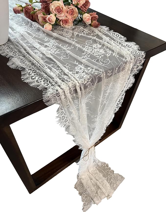 2 Pcs White Lace Table Runner 30 x 120 Inch Vintage Rustic Table Runner by Unknown