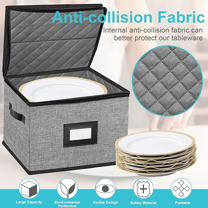 China Storage Containers-Quilted Dish Storage Containers with Lid Hard Shell for Moving Transport, Dinnerware Storage,Stackable Plate Storage,24 Felt Plate Dividers Included,2PACK 12*12*8in