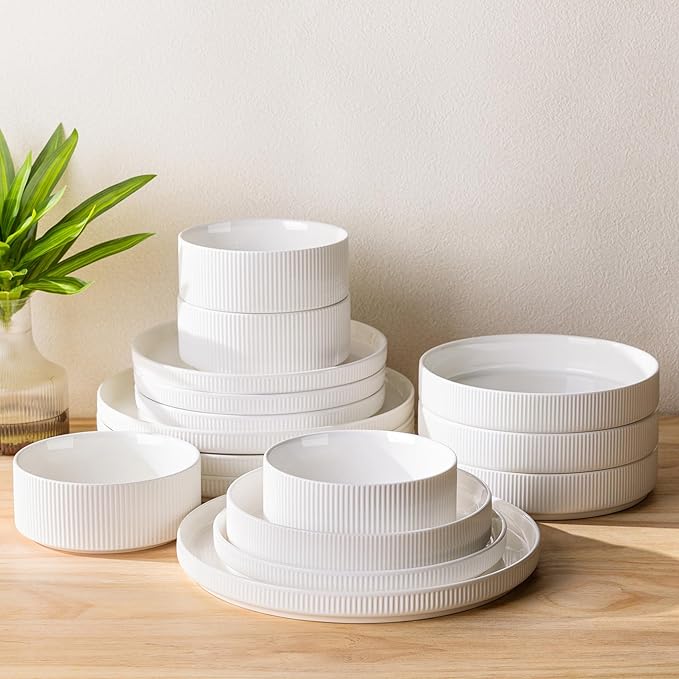 TheTerra Ceramic Dinnerware Sets with Pasta Bowls for 4, 16 Pieces Porcelain Lightweight Plates and Bowls Sets, Scratch Resistant Dish Set, Oven & Microwave & Dishwasher Safe, Bright White