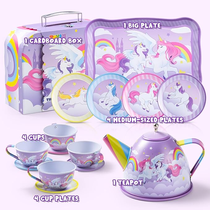 JOYIN Unicorn Tea Party Set for Little Girls, Pretend Purple Tin Teapot Set - Image 2