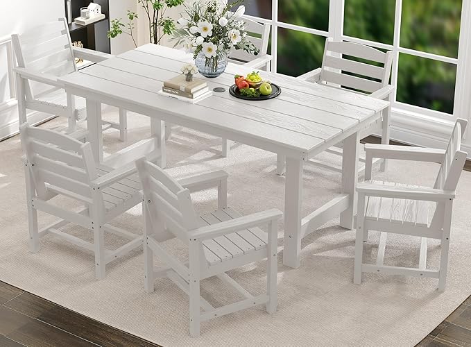 SERWALL Dining Table Chairs Set for 6，67" Extended Large Dining Table with 6 Chairs, 7 Piece HDPE Dining Set for Home, Kitchen, Dining Room, White