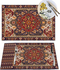 Persian Design Placemats Set of 6 Tribal Texture Boho Persian Rust Wipeable Table Mats Reusable Washable PVC Rectangle Place Mats for Kitchen Dining Home Decor 12x18 Inches