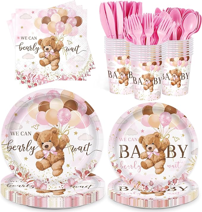 168pcs We Can Bearly Wait Bear Baby Shower Plates Napkins by Vellumvibe