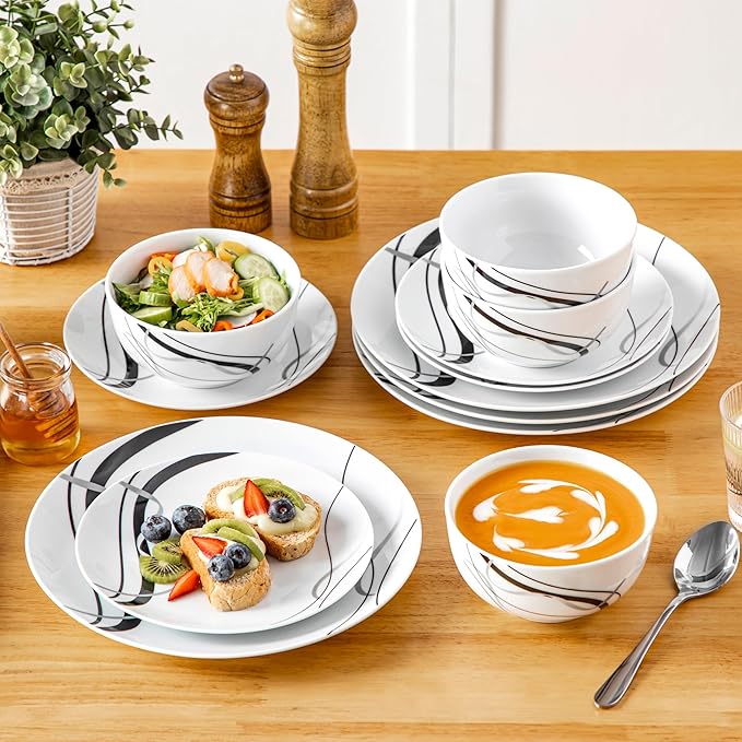 VEWEET Porcelain Dinnerware Sets for 4, 12 Pieces Plates and Bowls Set with Black and Grey Ribbon Lines, Dishes Set Dining Ware for Dinner, Microwave and Dishwasher Safe, Series FIONA