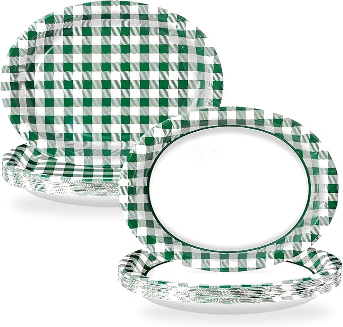 50Pcs Spring Gingham Oval Paper Plates 10" x 12" Large Disposable Heavy Duty Green White Buffalo Checked Plaid Dessert Platters Plates for Spring Birthday Picnic BBQ Party Supplies