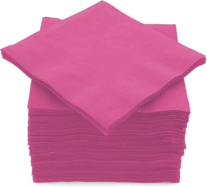 100 Pack Bright Pink Beverage Napkins, Big Party Pack, 2 Ply, Ideal for Wedding, Party, Birthday, Dinner, Lunch, Cocktails. (5” x 5”) by Amcrate