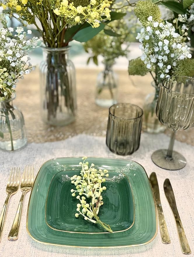 " OCCASIONS " 120 Plates Pack,(60 Guests) Premium Wedding Party Disposable Plastic Plates Set -60 x 10'' Dinner + 60 x 7'' Salad/Dessert (Belize Square in Green & Gold)