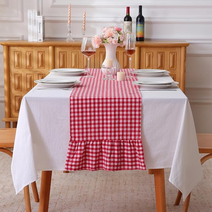 Red White Plaid Gingham Ruffle Table Runner 108 inches Long 100% Washed Cotton by KMASANIJI