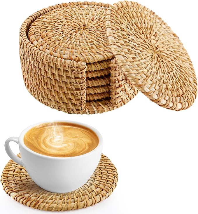 6pcs Natural Handmade Rattan Coasters with Holder - Wicker Drink Coasters Set for Protecting Table, Housewarming Gifts Boho Home Decor