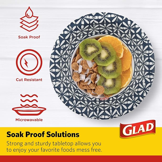 Glad Round Disposable Paper Bowls, Blue Mosaic Design - Heavy Duty, Soak Proof, Cut-Resistant, Microwavable Bowl for All Foods & Daily Use, 16 Oz, 50 Count
