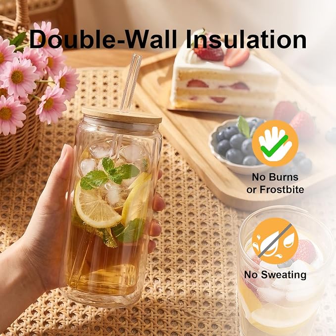 4 Pack Glass Cups with Lids and Straws 16 oz Double Wall Glass Tumbler - Image 2