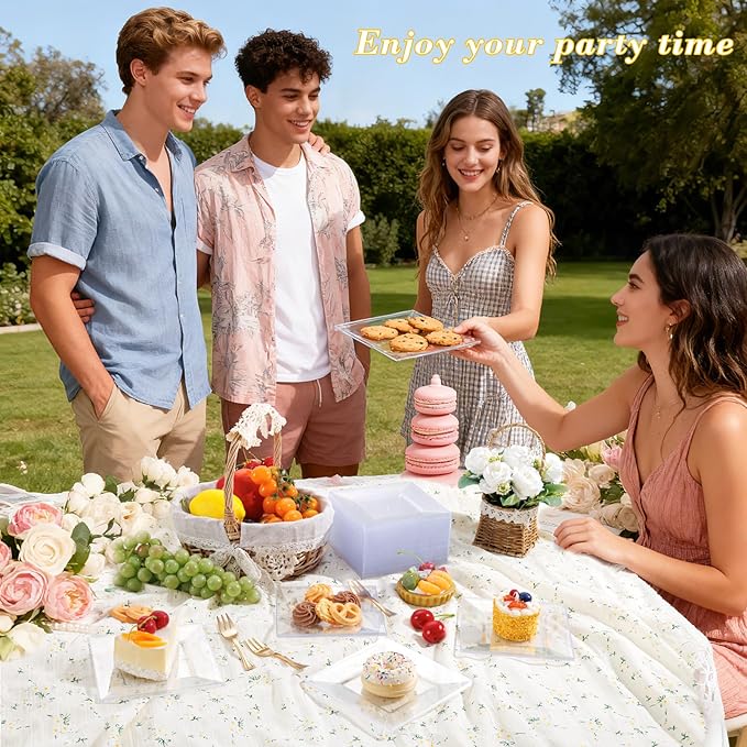 200pcs Square Dessert Plates Includ 100pcs 6inch Appetizer Plates,100pcs 5inch Plastic Forks,Clear Dessert Plates Disposable Appetizer Plates Serve 100 Guests For Wedding Party&Valentine's Day
