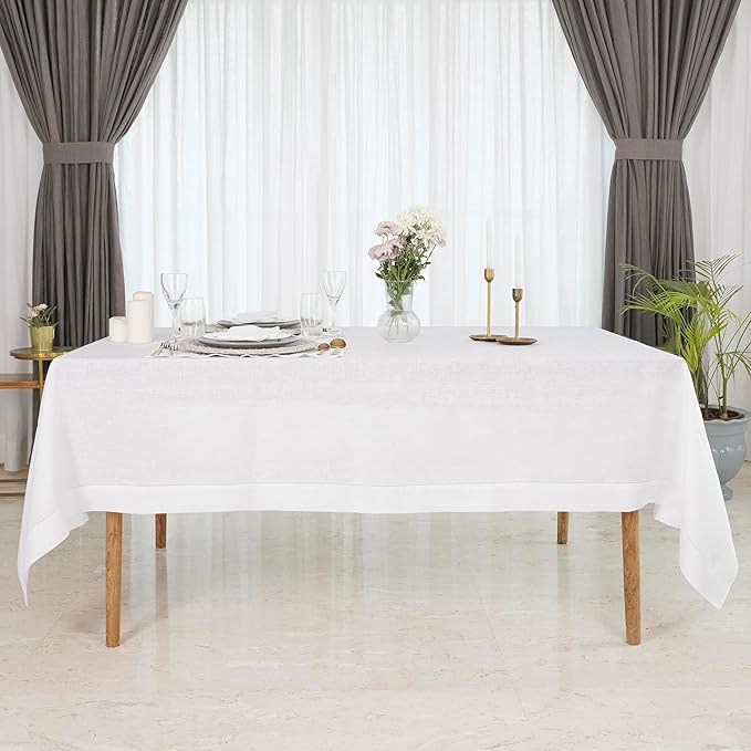 D'Moksha Homes White Linen Tablecloth 60 x 156 Inch - 100% Pure Linen White Tablecloth for Rectangle Tables - Classic Hemstitch, Machine Washable Table Cloth for Valentines, Spring, Easter