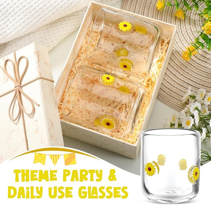 Icon Juice Glasses, 14oz Stemless Wine Drinking Juice Glass Cup for Valentine Party Supplies Gift(2 Pcs,Sunflower)