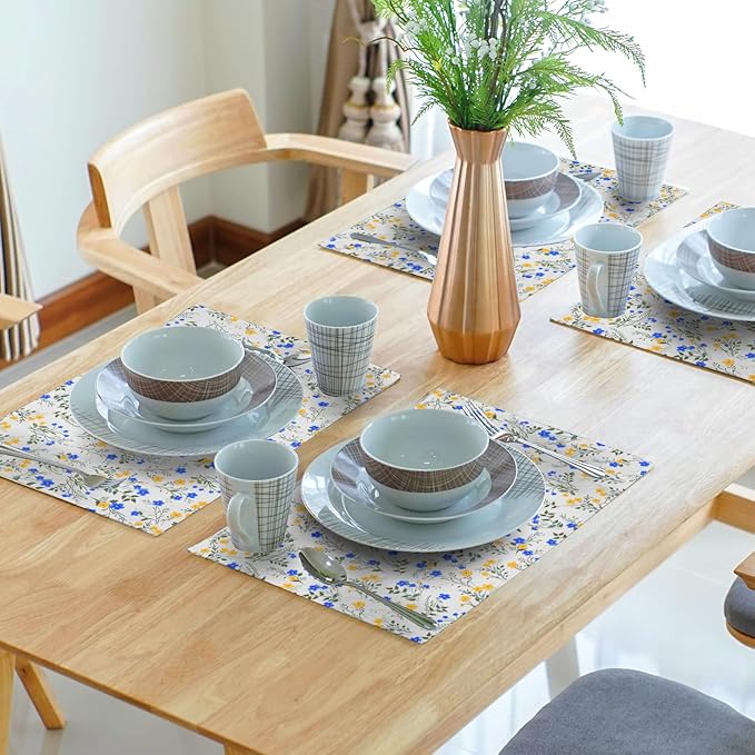 Spring Summer Placemats - Blue Yellow Floral Place Mats Set of 4 Botanical Flower Tablemats 12x18 for Party Kitchen Dining Farmhouse